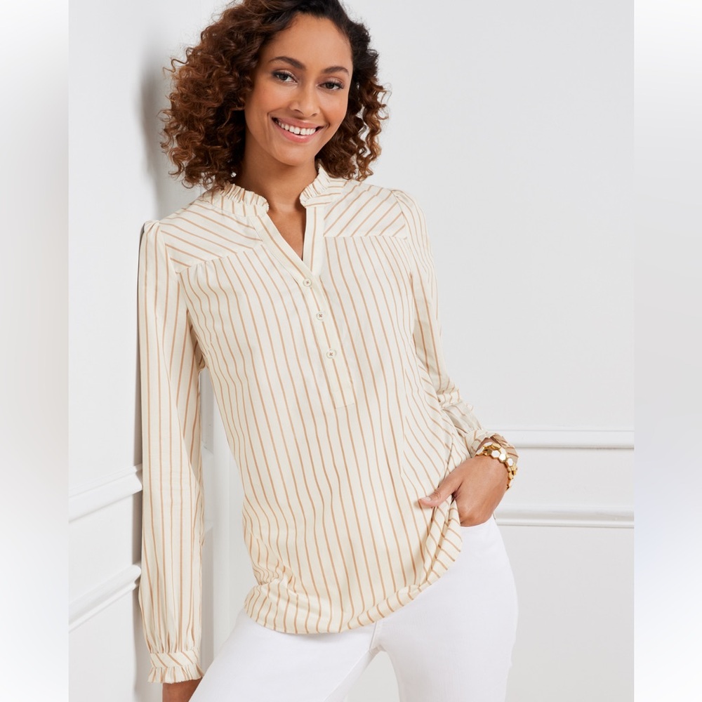 Talbots Poplin Cotton Ruffle Trim Popover Blouse Top 2X Cream Tan Stripes Office